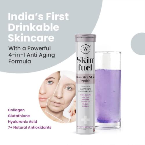 Wellbeing Nutrition Skin Fuel | Blueberry Mint Effervescent Tablets with Collagen Peptides, Glutathione & Hyaluronic Acid | 15 Tablets