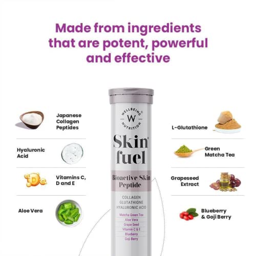 Wellbeing Nutrition Skin Fuel | Blueberry Mint Effervescent Tablets with Collagen Peptides, Glutathione & Hyaluronic Acid | 15 Tablets