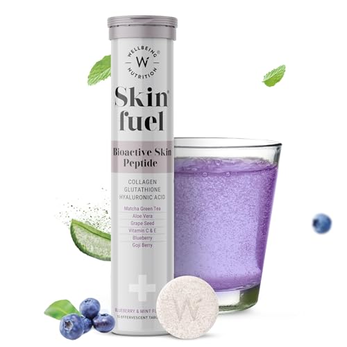 Wellbeing Nutrition Skin Fuel | Blueberry Mint Effervescent Tablets with Collagen Peptides, Glutathione & Hyaluronic Acid | 15 Tablets