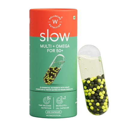 Wellbeing Nutrition SLOW Multi + Omega for Men 50+ | Multivitamin & Mineral Blend | Granules-in-Liquid Capsules | 60 Capsules