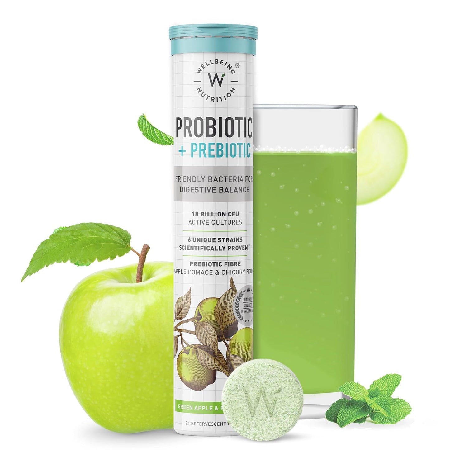 Wellbeing Nutrition Daily Probiotic + Prebiotic Green Apple Effervescent Tablets – 21 Tablets