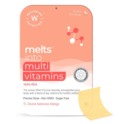Wellbeing Nutrition Melts Plant-Based Multivitamin | Mango Flavour Dissolving Oral Strips | 30 Strips