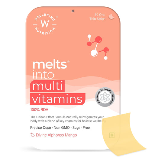 Wellbeing Nutrition Melts Plant-Based Multivitamin | Mango Flavour Dissolving Oral Strips | 30 Strips