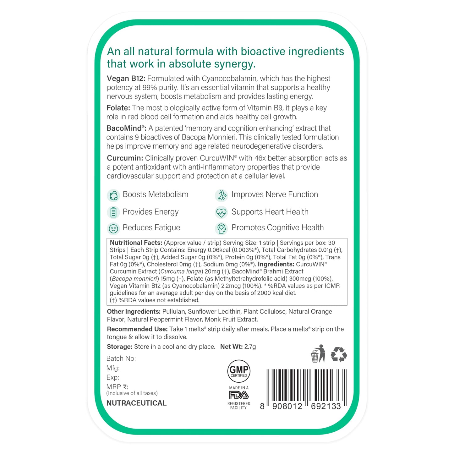 Wellbeing Nutrition Melts Vegan Vitamin B12 Supplements for Men & Women | 30 Oral Thin Strips